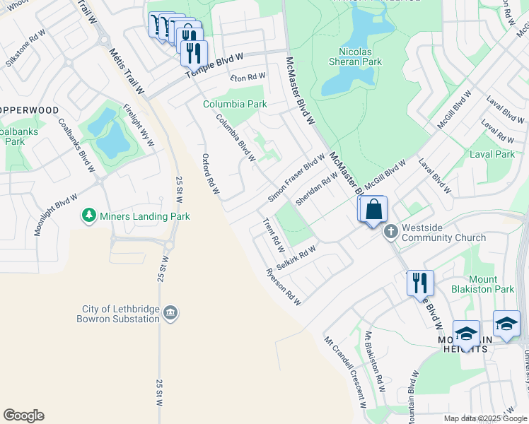 map of restaurants, bars, coffee shops, grocery stores, and more near 77 Simon Fraser Boulevard West in Lethbridge