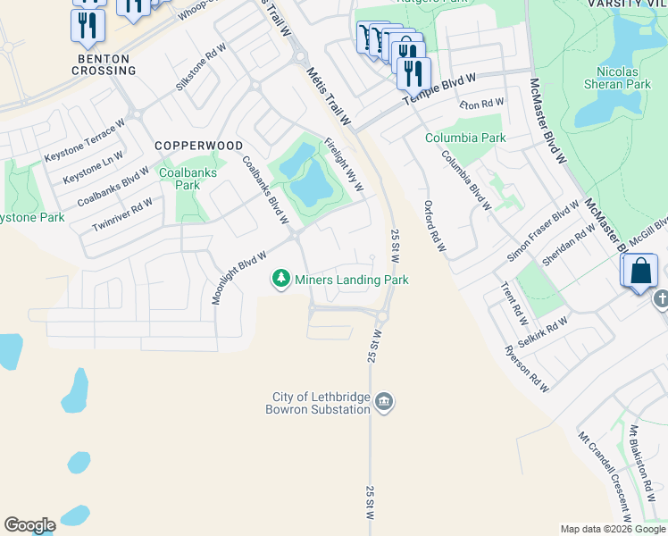 map of restaurants, bars, coffee shops, grocery stores, and more near Coalbrook Close West in Lethbridge