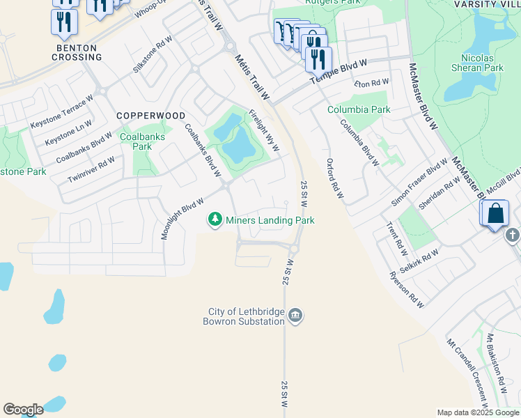 map of restaurants, bars, coffee shops, grocery stores, and more near 739 Coalbrook Close West in Lethbridge