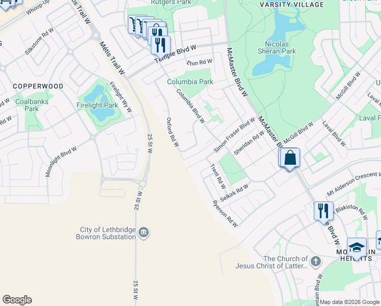 map of restaurants, bars, coffee shops, grocery stores, and more near 158 Oxford Road West in Lethbridge