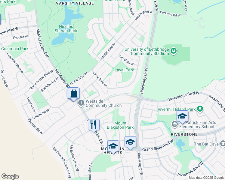 map of restaurants, bars, coffee shops, grocery stores, and more near 75 Laval Boulevard West in Lethbridge