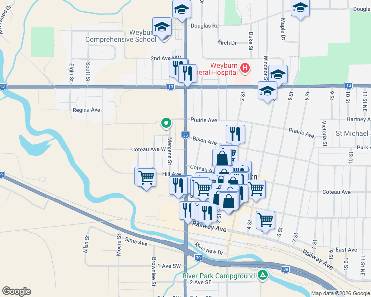 map of restaurants, bars, coffee shops, grocery stores, and more near 301 Government Road in Weyburn