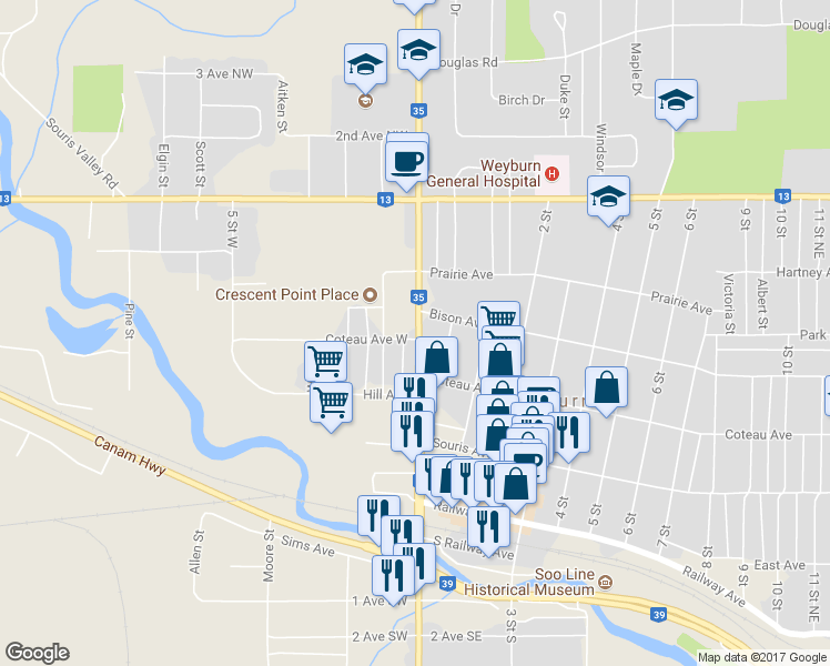 map of restaurants, bars, coffee shops, grocery stores, and more near 301 Government Road in Weyburn