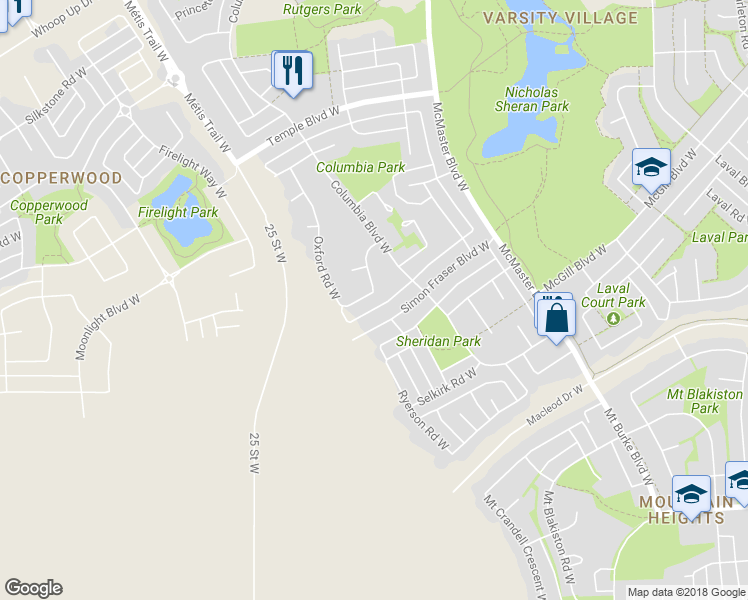 map of restaurants, bars, coffee shops, grocery stores, and more near 158 Oxford Road West in Lethbridge