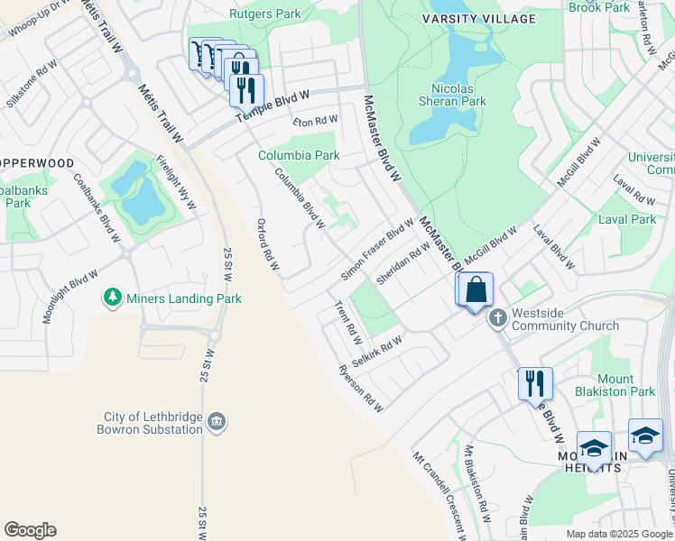 map of restaurants, bars, coffee shops, grocery stores, and more near 77 Simon Fraser Boulevard West in Lethbridge