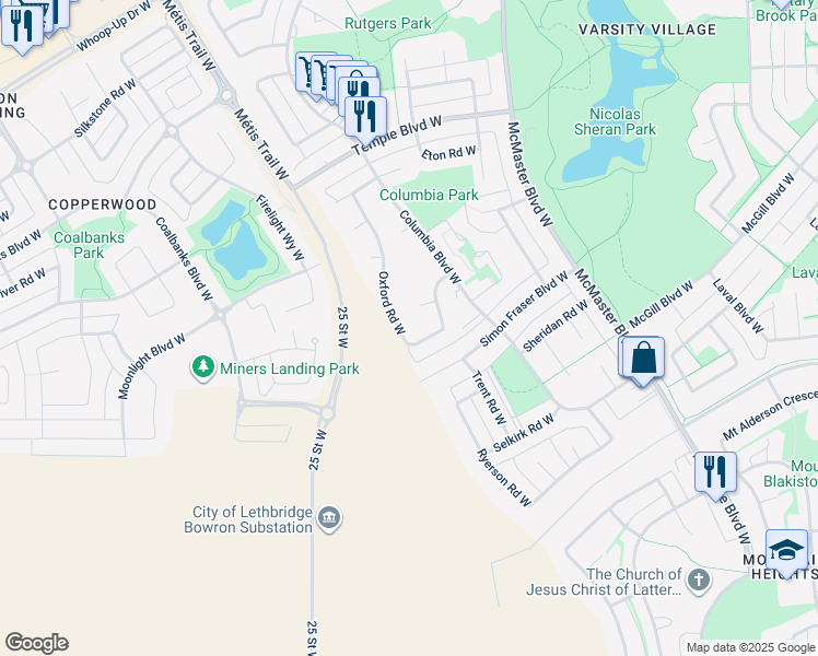 map of restaurants, bars, coffee shops, grocery stores, and more near 141 Oxford Road West in Lethbridge