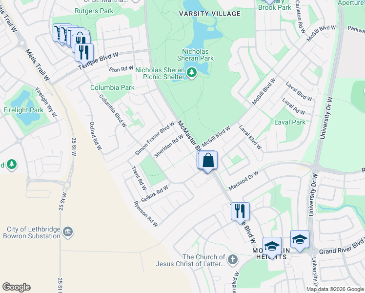 map of restaurants, bars, coffee shops, grocery stores, and more near 18 Seneca Place West in Lethbridge