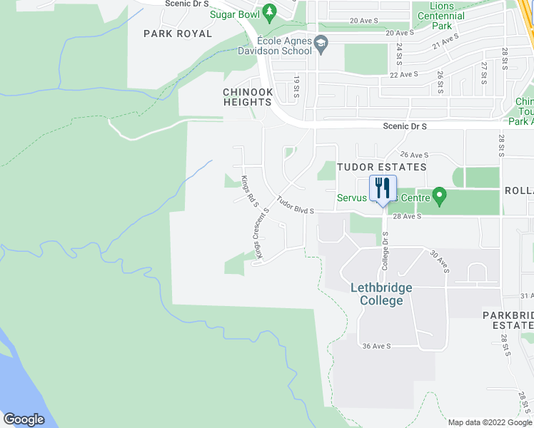 map of restaurants, bars, coffee shops, grocery stores, and more near 15 Kings Crescent South in Lethbridge