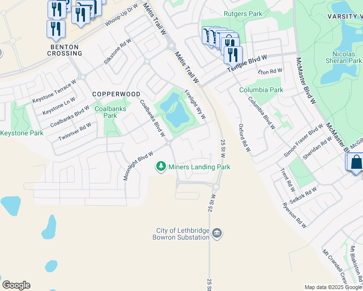 map of restaurants, bars, coffee shops, grocery stores, and more near 210 Firelight Way West in Lethbridge