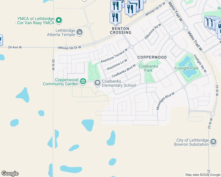 map of restaurants, bars, coffee shops, grocery stores, and more near 374 Twinriver Road West in Lethbridge