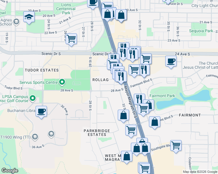 map of restaurants, bars, coffee shops, grocery stores, and more near 3202 28 Avenue South in Lethbridge