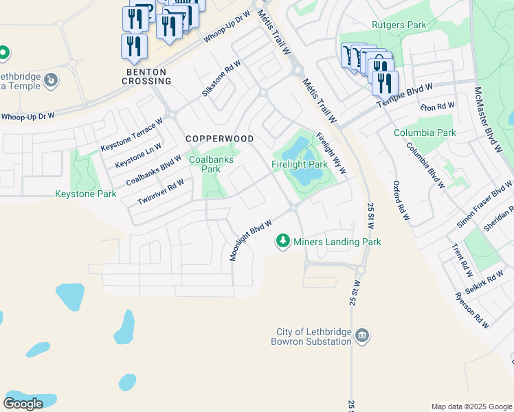 map of restaurants, bars, coffee shops, grocery stores, and more near Twinriver Loop West in Lethbridge