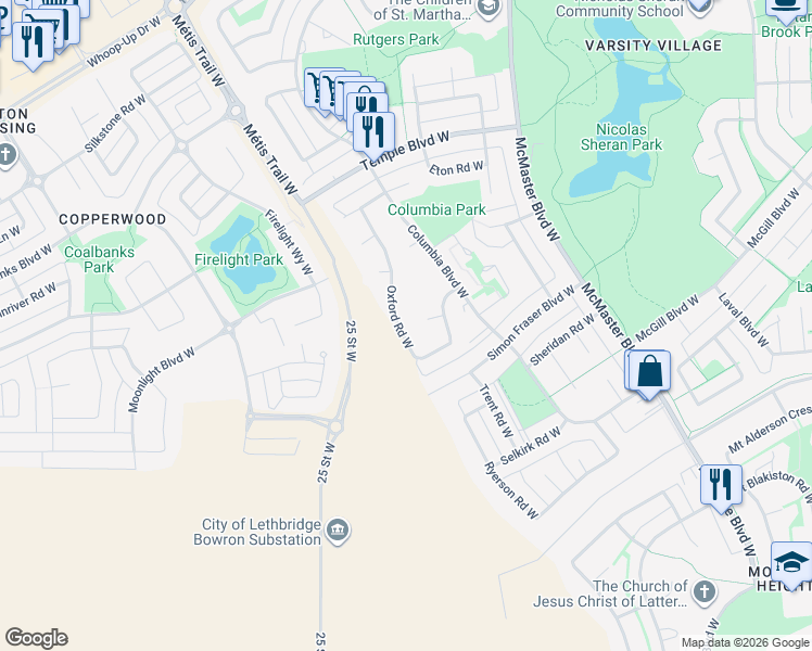 map of restaurants, bars, coffee shops, grocery stores, and more near 141 Oxford Road West in Lethbridge