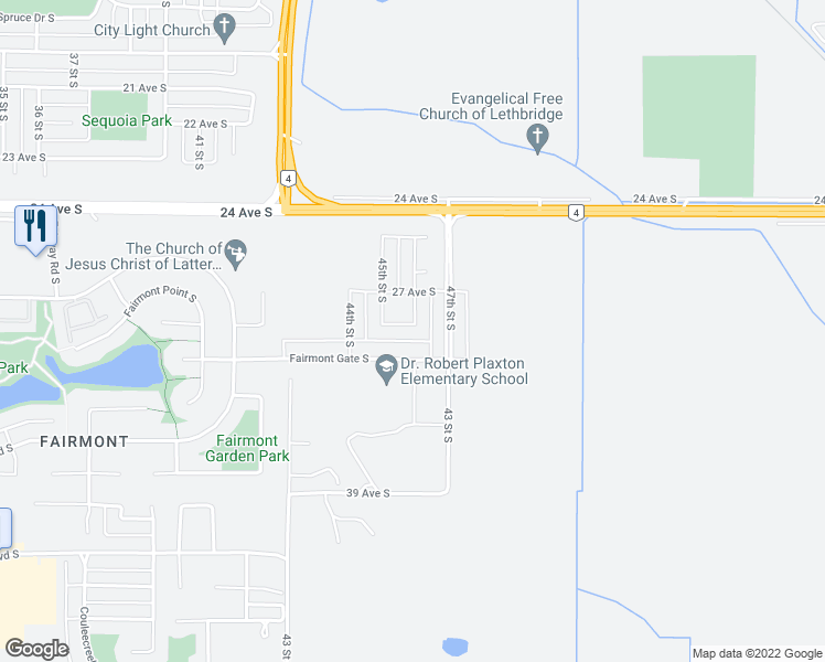 map of restaurants, bars, coffee shops, grocery stores, and more near 4538 28th Avenue South in Lethbridge