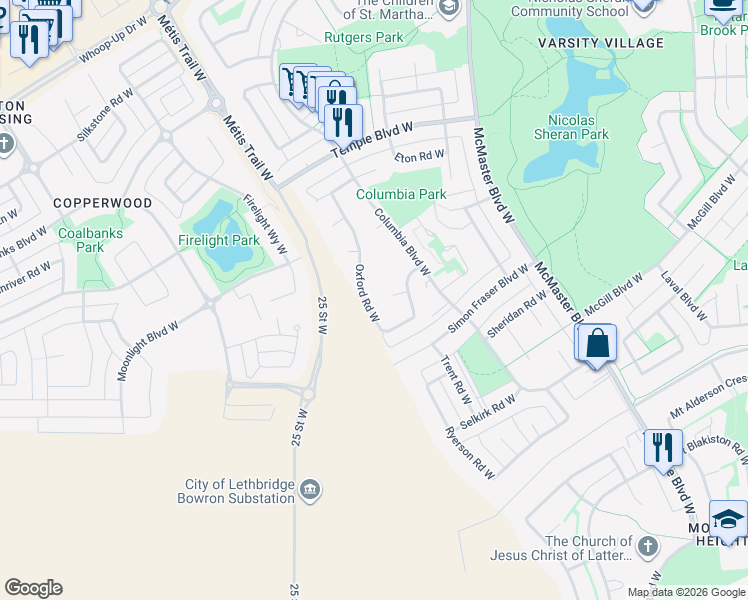 map of restaurants, bars, coffee shops, grocery stores, and more near 141 Oxford Road West in Lethbridge