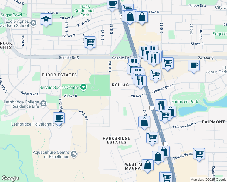 map of restaurants, bars, coffee shops, grocery stores, and more near 2715 28 Street South in Lethbridge