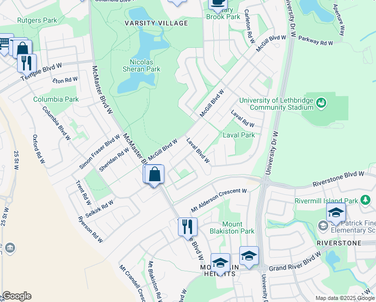 map of restaurants, bars, coffee shops, grocery stores, and more near 220 McGill Boulevard West in Lethbridge