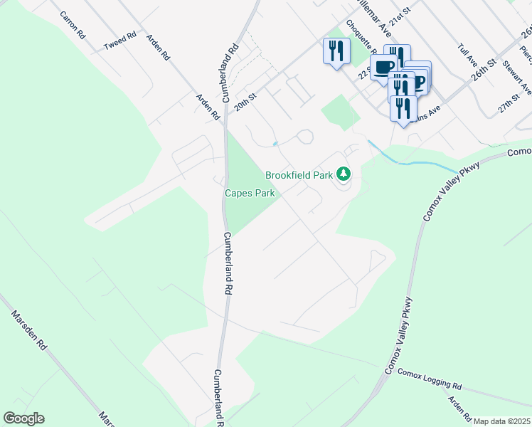 map of restaurants, bars, coffee shops, grocery stores, and more near 2500 Slade Road in Courtenay