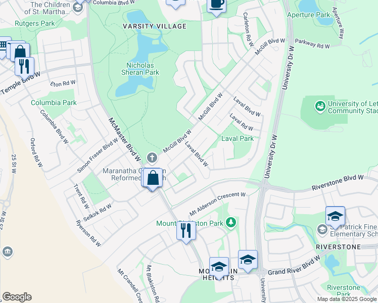 map of restaurants, bars, coffee shops, grocery stores, and more near 1 Laval Court West in Lethbridge