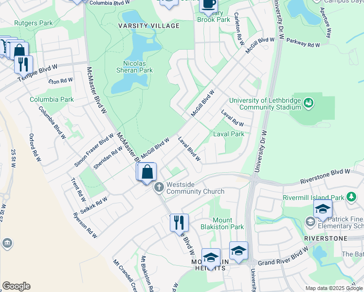 map of restaurants, bars, coffee shops, grocery stores, and more near 220 McGill Boulevard West in Lethbridge