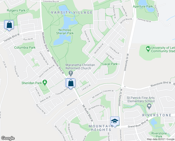map of restaurants, bars, coffee shops, grocery stores, and more near 220 McGill Boulevard West in Lethbridge