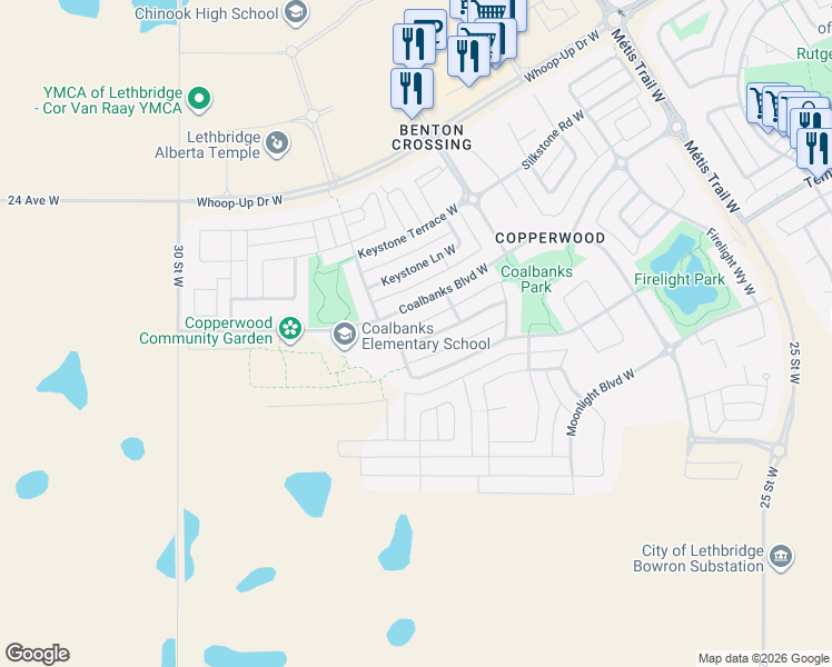 map of restaurants, bars, coffee shops, grocery stores, and more near 172 Coalbanks Boulevard West in Lethbridge