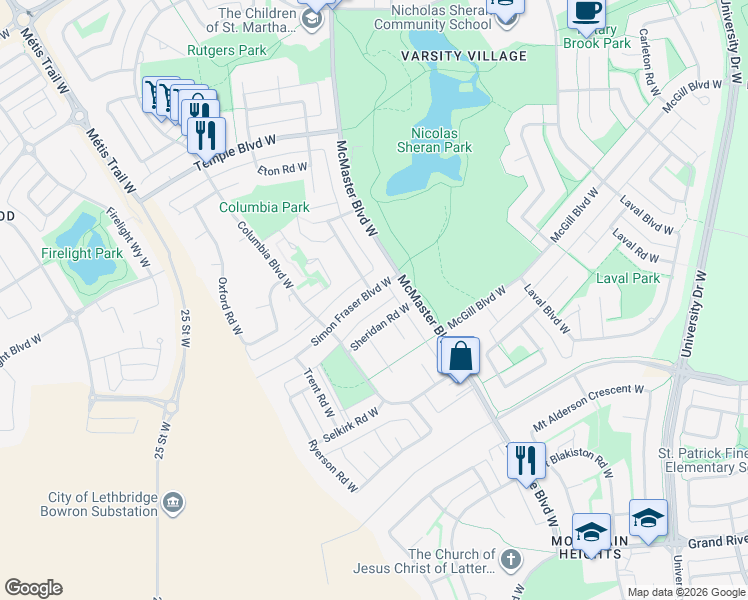 map of restaurants, bars, coffee shops, grocery stores, and more near 20 Simon Fraser Boulevard West in Lethbridge