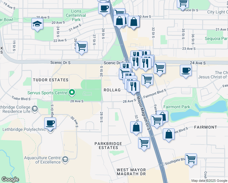 map of restaurants, bars, coffee shops, grocery stores, and more near 2 29 Street South in Lethbridge