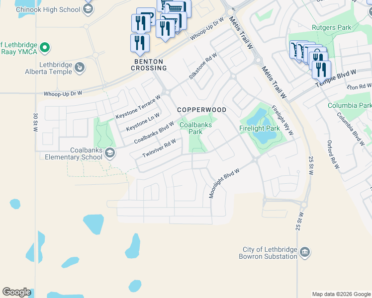 map of restaurants, bars, coffee shops, grocery stores, and more near 485 Twinriver Road West in Lethbridge