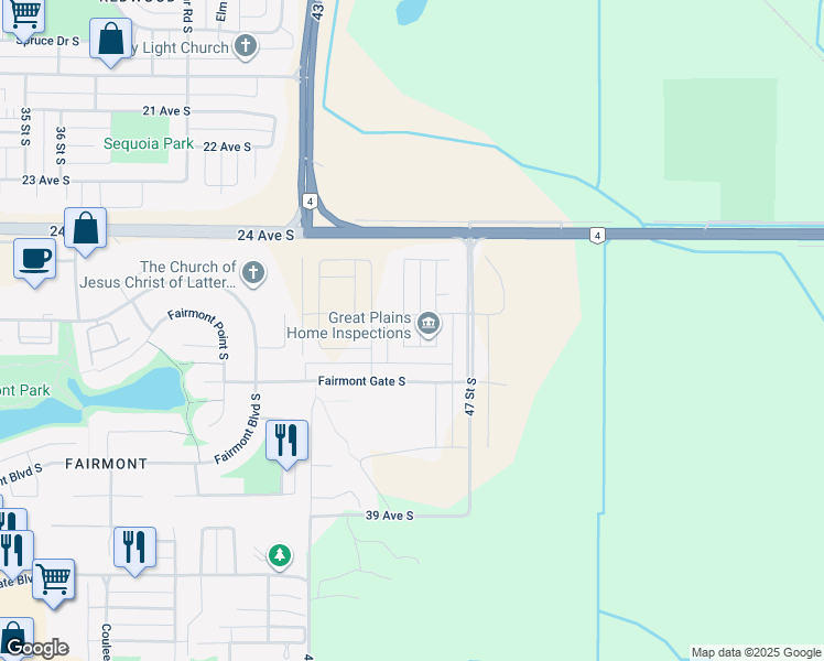map of restaurants, bars, coffee shops, grocery stores, and more near 2715 45th Street South in Lethbridge