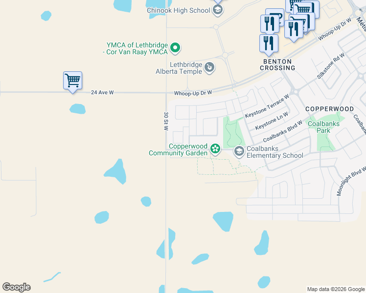 map of restaurants, bars, coffee shops, grocery stores, and more near 317 Coalbanks Boulevard West in Lethbridge