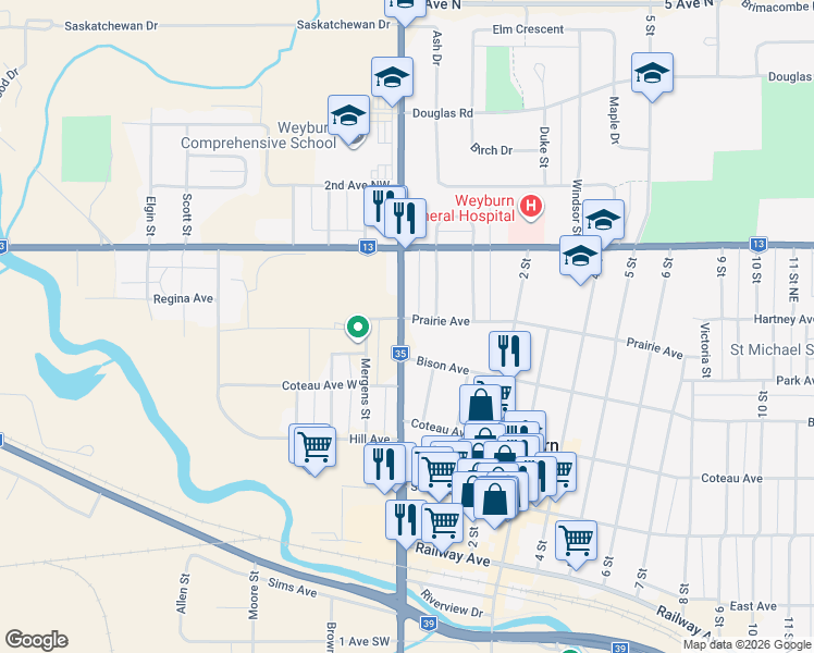 map of restaurants, bars, coffee shops, grocery stores, and more near in Weyburn