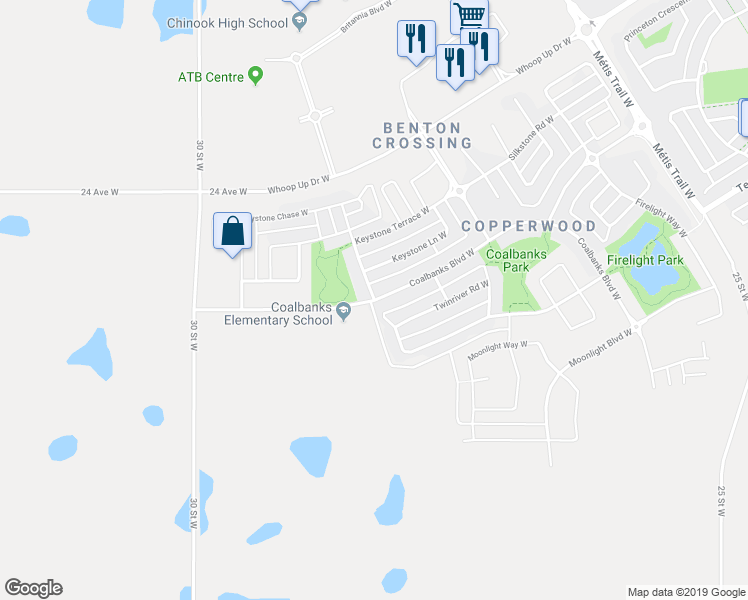 map of restaurants, bars, coffee shops, grocery stores, and more near 317 Coalbanks Boulevard West in Lethbridge