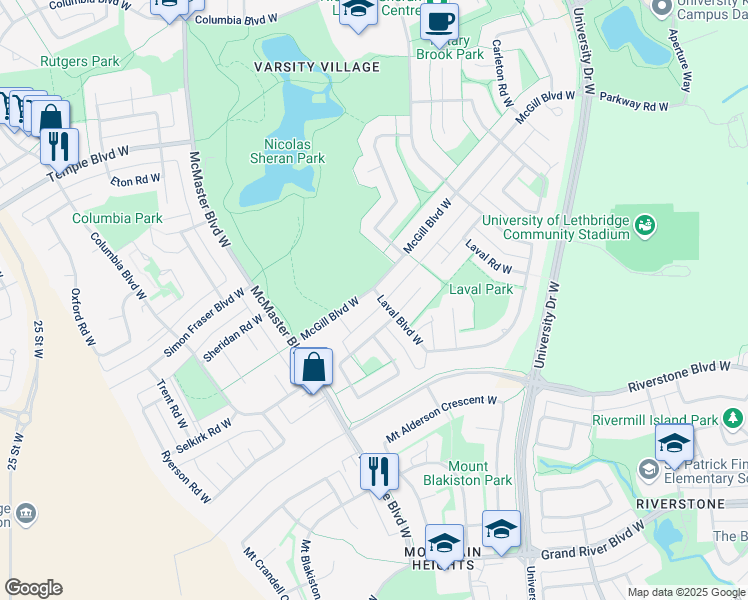 map of restaurants, bars, coffee shops, grocery stores, and more near 220 McGill Boulevard West in Lethbridge