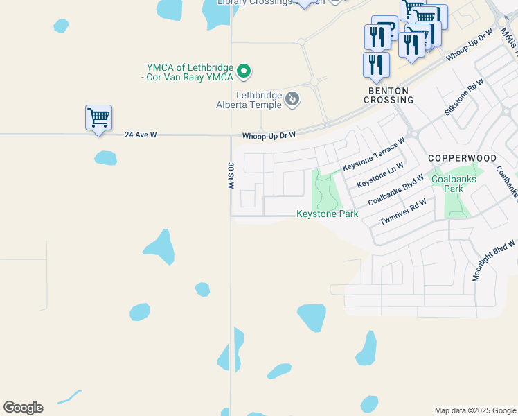 map of restaurants, bars, coffee shops, grocery stores, and more near 1116 Keystone Road West in Lethbridge