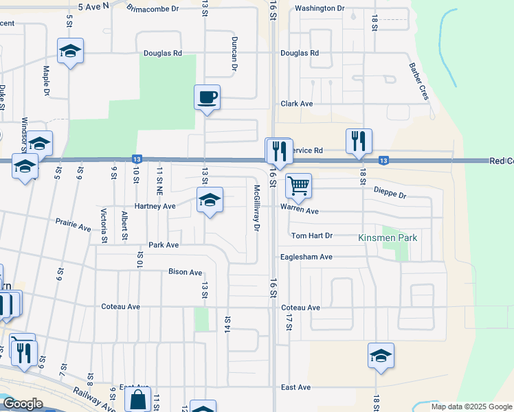 map of restaurants, bars, coffee shops, grocery stores, and more near McGillivray Drive in Weyburn