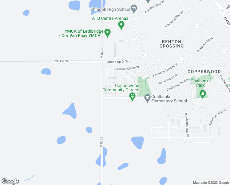 map of restaurants, bars, coffee shops, grocery stores, and more near 1116 Keystone Road West in Lethbridge