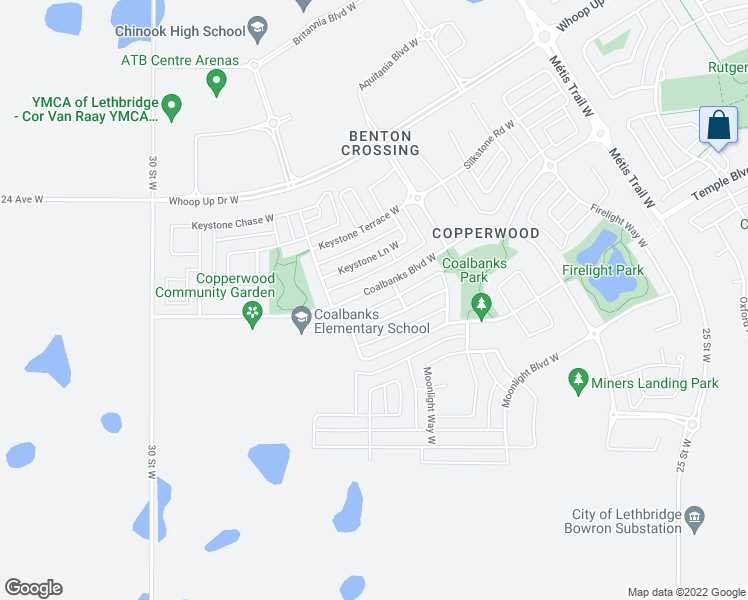 map of restaurants, bars, coffee shops, grocery stores, and more near 172 Coalbanks Boulevard West in Lethbridge