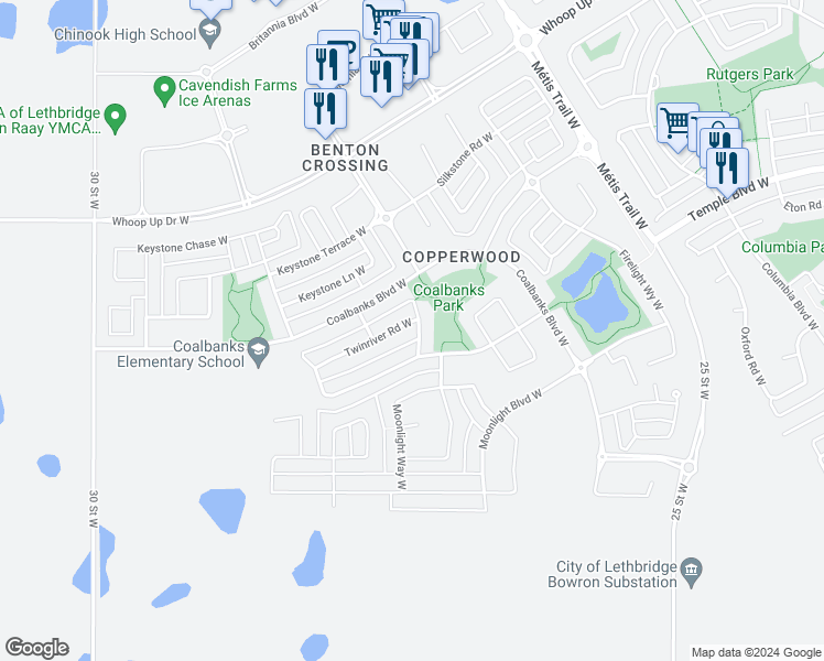 map of restaurants, bars, coffee shops, grocery stores, and more near 485 Twinriver Road West in Lethbridge