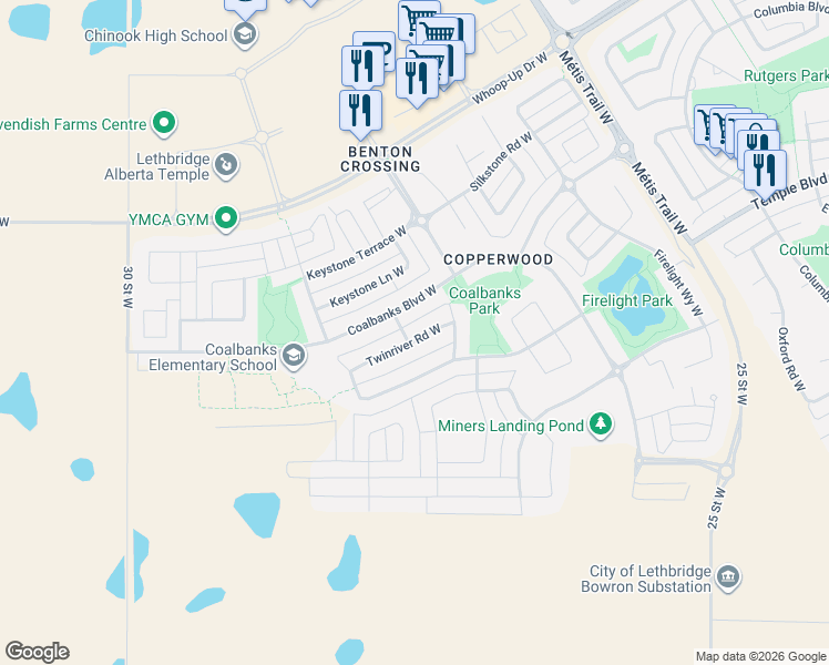 map of restaurants, bars, coffee shops, grocery stores, and more near 454 Twinriver Road West in Lethbridge