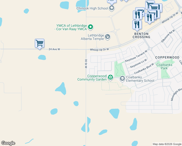 map of restaurants, bars, coffee shops, grocery stores, and more near 1126 Keystone Road West in Lethbridge