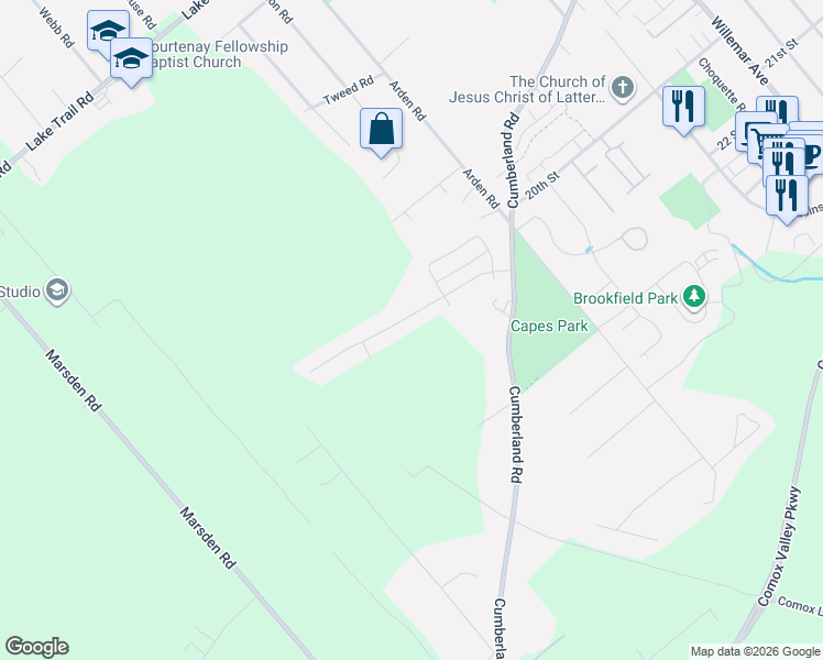 map of restaurants, bars, coffee shops, grocery stores, and more near 2459 Cumberland Road in Courtenay