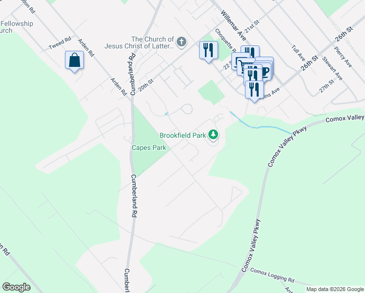 map of restaurants, bars, coffee shops, grocery stores, and more near 2580 Brookfield Drive in Courtenay