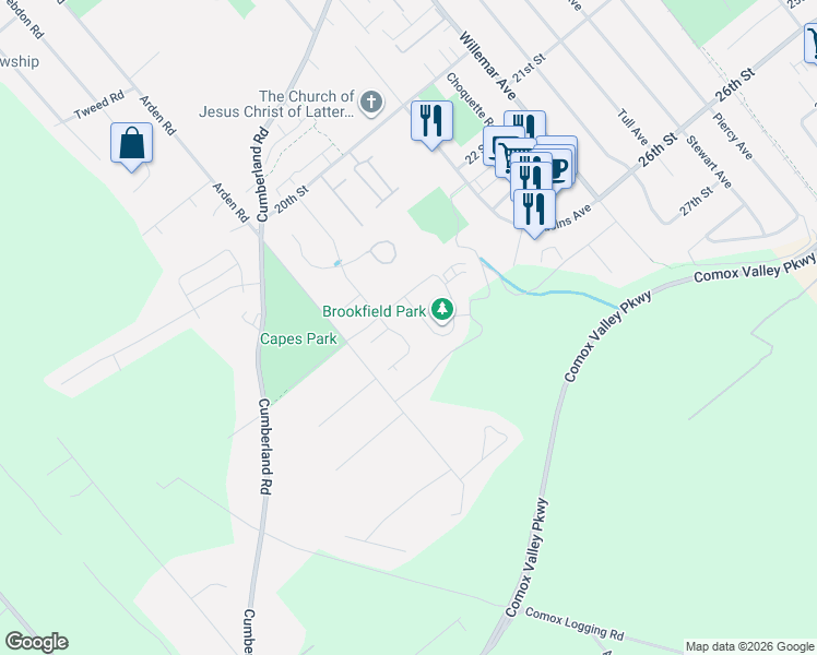 map of restaurants, bars, coffee shops, grocery stores, and more near 2580 Brookfield Drive in Courtenay
