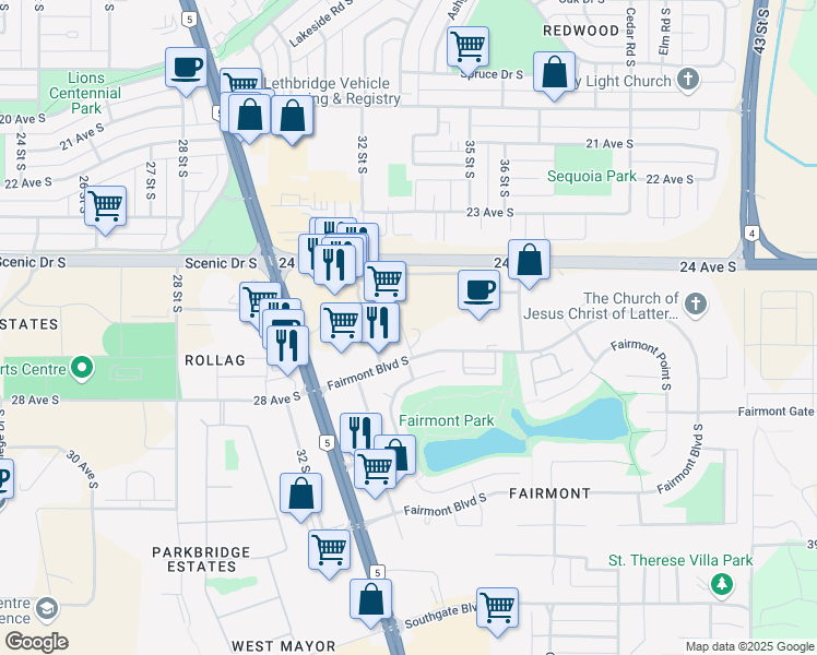 map of restaurants, bars, coffee shops, grocery stores, and more near in Lethbridge