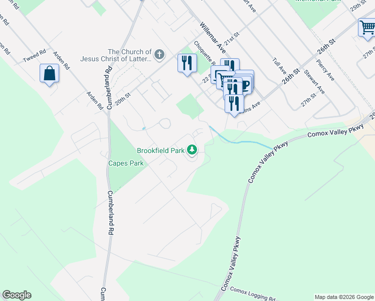 map of restaurants, bars, coffee shops, grocery stores, and more near 2538 Branch Avenue in Courtenay