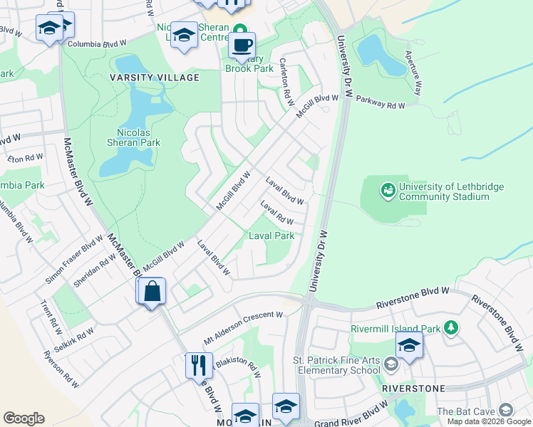 map of restaurants, bars, coffee shops, grocery stores, and more near 91 Laval Road West in Lethbridge