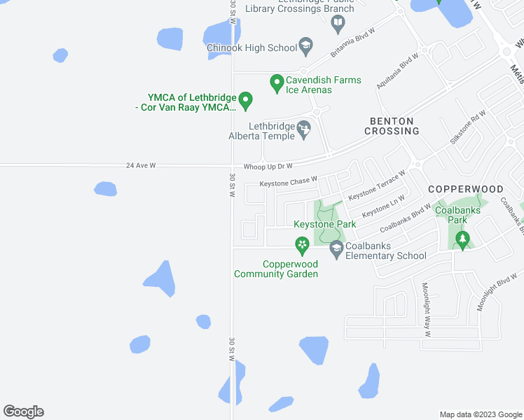 map of restaurants, bars, coffee shops, grocery stores, and more near 703 Keystone Chase West in Lethbridge