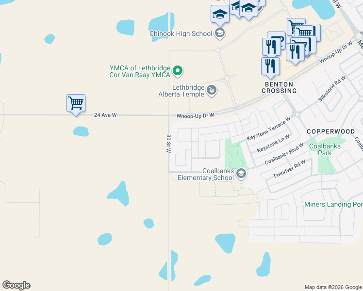 map of restaurants, bars, coffee shops, grocery stores, and more near 659 Keystone Chase West in Lethbridge