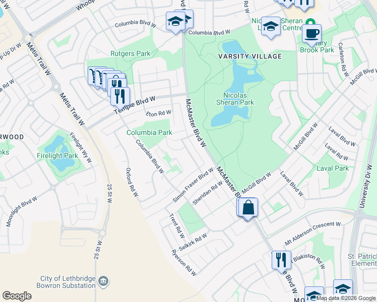 map of restaurants, bars, coffee shops, grocery stores, and more near Cambridge Road West in Lethbridge